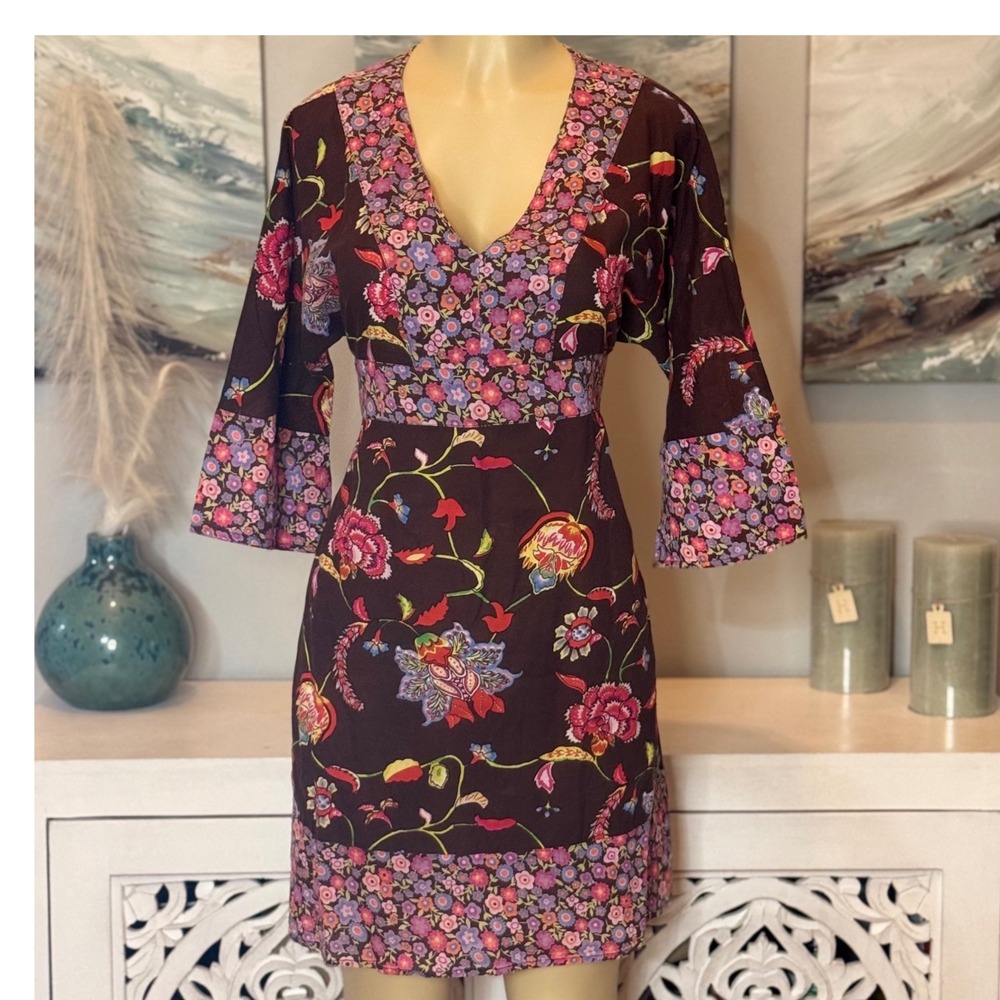 Rhum Raisin Floral Wrap Dress S/M Boho Cotton Bell Sleeve Tie Waist